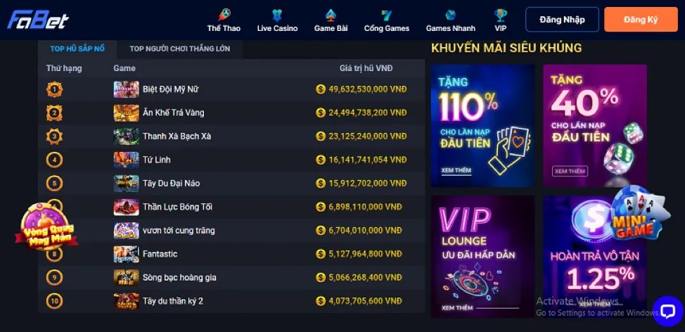 Màn hình hiển thị giải jackpot lớn đã trúng tại 98win hiện đang mở